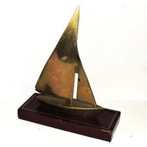 Vintage Brass Sailboat On Wood Base Made In Korea Nautical Decor